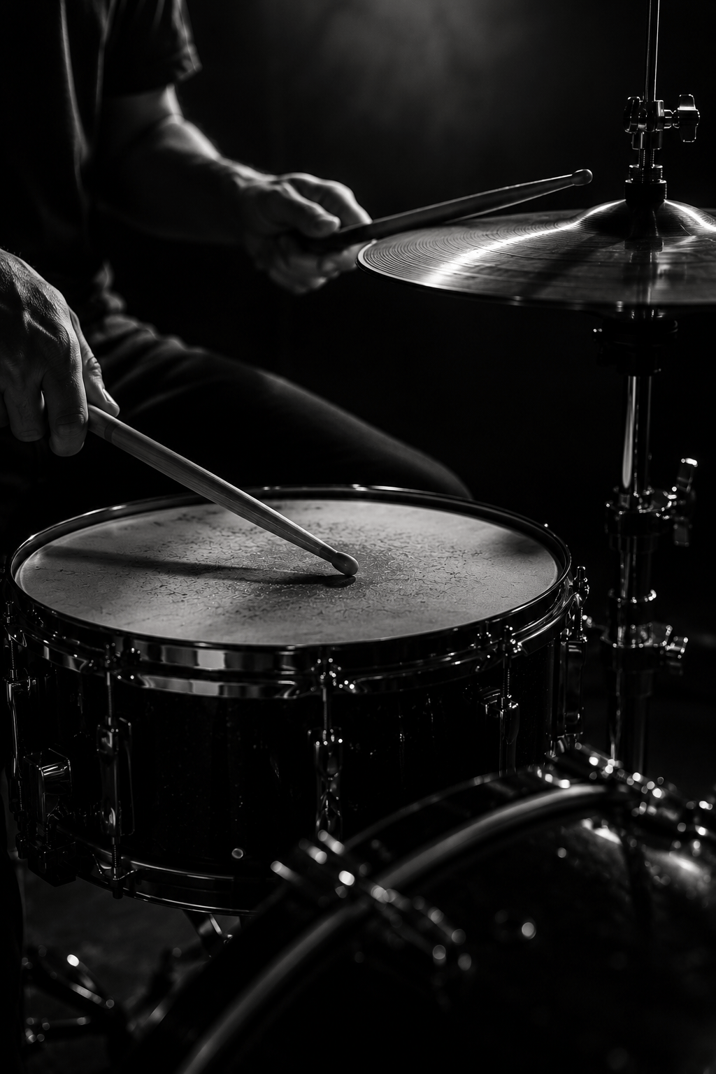 zeigt zwei hände mit drumsticks und spielt snare drum und hihat