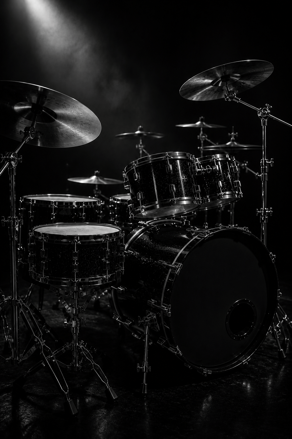 auf einer bühne steht ein hochwertiges drumset im scheinwerferlicht