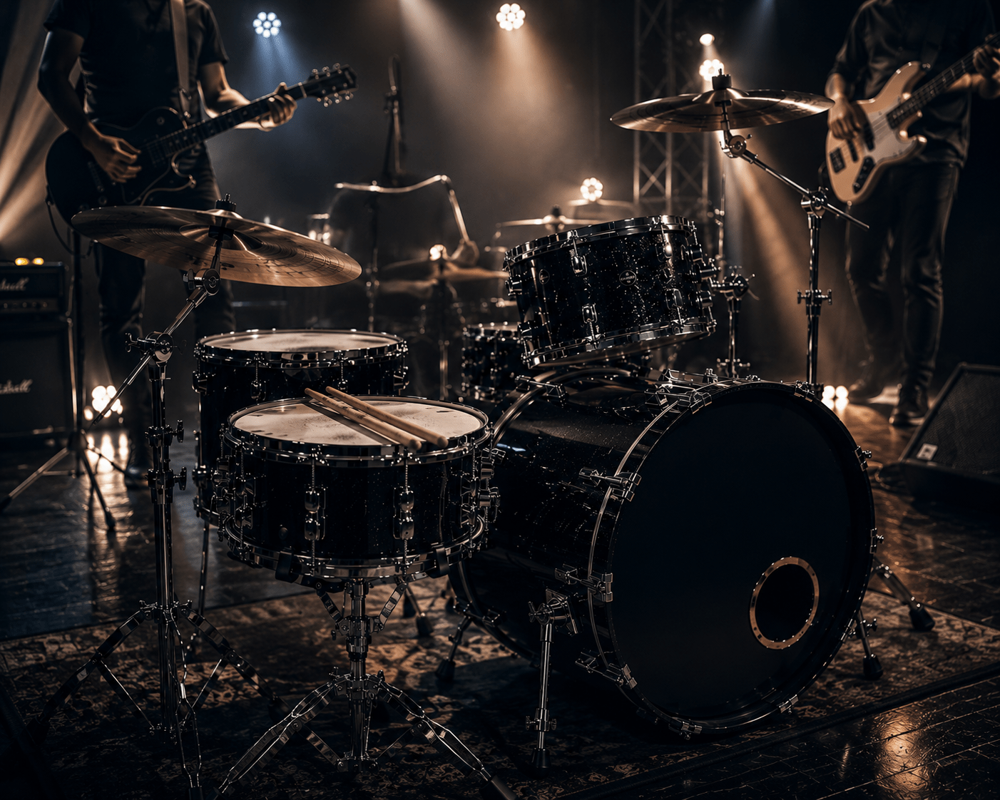 cooles livedrumset im studio betrieb daneben steht ein gitarrist