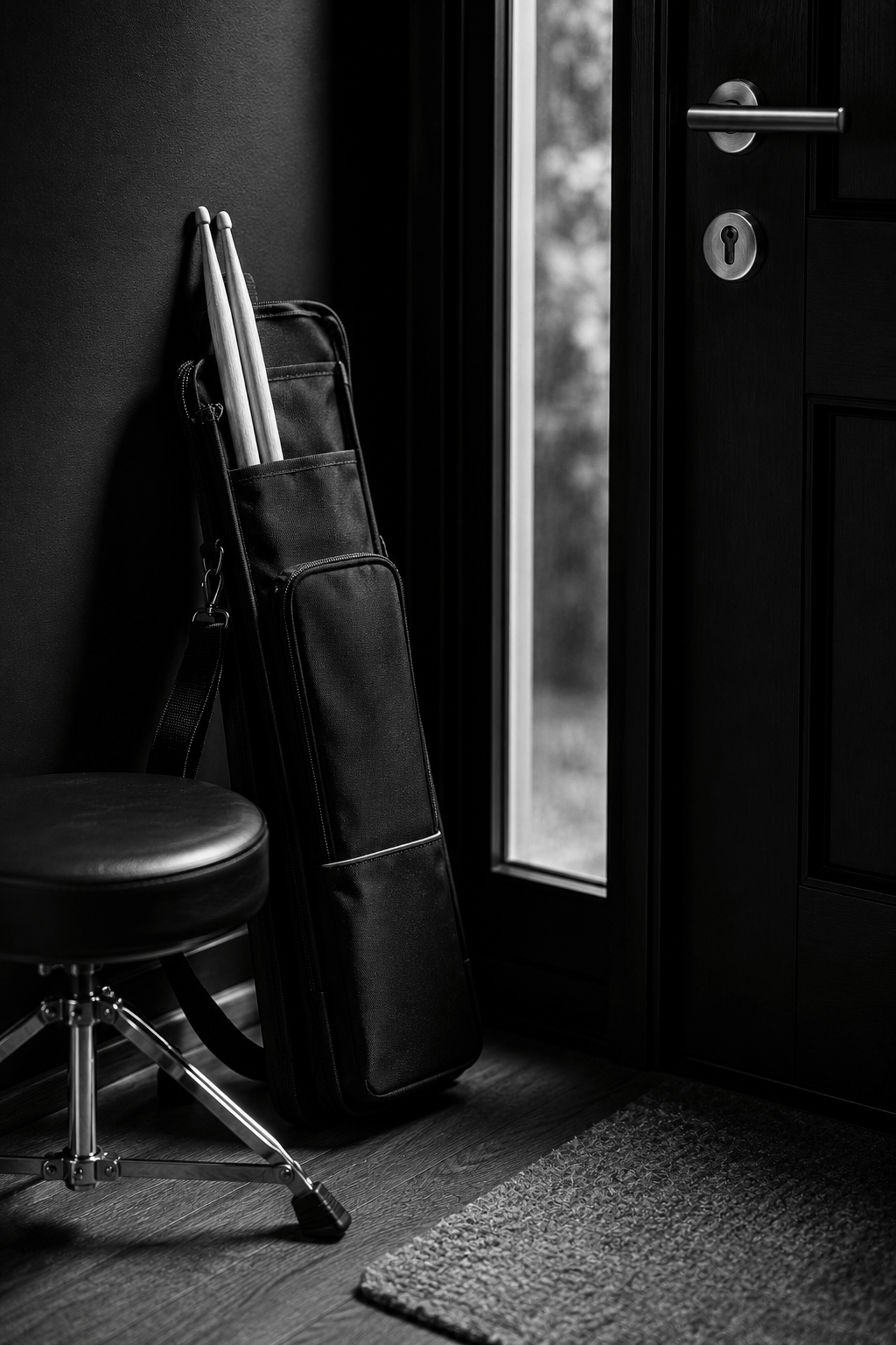 an der eingangstüre zuhause steht eine tasche mit drumsticks und hocker und zeigt den mobilen einsatz der drumschule